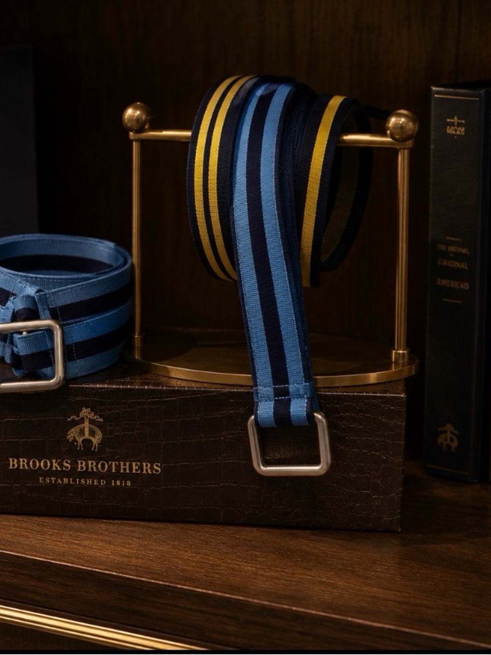 Brooks Brothers Blue Navy and Yellow Striped Fabric Belt